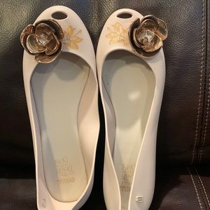 Melissa Disney Beauty and the Beast Tan with Gold flower PVC Women Flats